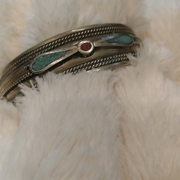 Vintage Turquoise & Coral Sterling Silver Bracelet - Picture 2 of 6